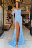 Gorgeous Long Blue Mermaid Off-the-shoulder Sequined Sleeveless Prom Dress With Slit