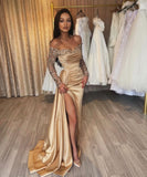 Gorgeous Long Champagne Off-the-shoulder Sequined Split Prom Dress With Long Sleeves-misshow.com