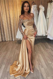 Gorgeous Long Champagne Off-the-shoulder Sequined Split Prom Dress With Long Sleeves