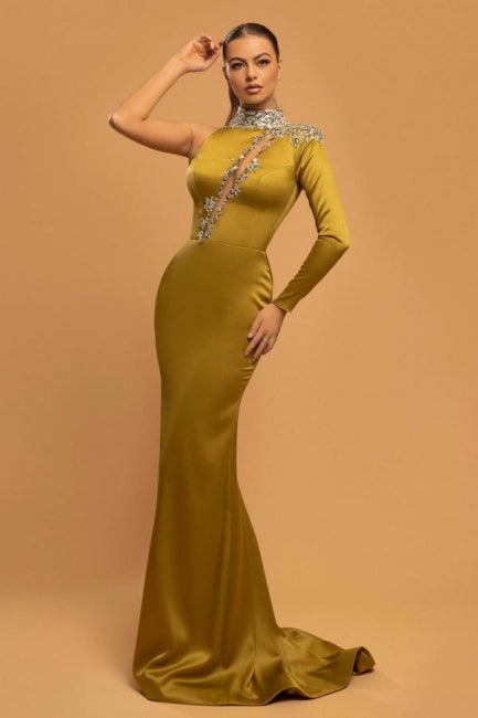 Gorgeous Long Gold Glitter High Neck Mermaid Evening Dresses With Sleeves-misshow.com