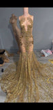 Gorgeous Long Gold Mermaid Lace Sleeveless Sexy Prom Dress