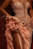 Gorgeous Long Mermaid Beading Sleeveless Split Prom Dress With Ruffles-misshow.com