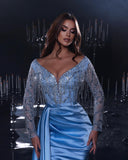 Gorgeous Long Mermaid Blue V-neck Sequined Beading Split Prom Dress With Long Sleeves-misshow.com
