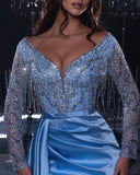 Gorgeous Long Mermaid Blue V-neck Sequined Beading Split Prom Dress With Long Sleeves-misshow.com