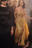 Gorgeous Long Mermaid Gold Off-the-shoulder Sequined Sleeveless Prom Dress With Slit-misshow.com