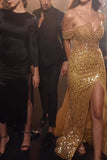 Gorgeous Long Mermaid Gold Off-the-shoulder Sequined Sleeveless Prom Dress With Slit-misshow.com