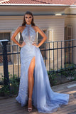 Gorgeous Long Mermaid High Neck Lace Sleeveless Prom Dress With Slit-misshow.com