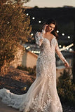 Gorgeous Long Mermaid Lace Wedding Dresses With Long Sleeves-misshow.com