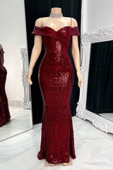 Gorgeous Long Mermaid Off-the-shoulder Sequined Split Prom Dress-misshow.com