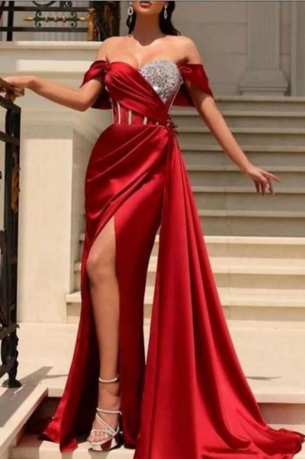 Gorgeous Long Mermaid Off-the-shoulder Sleeveless Split Evening Dresses With Glitter-misshow.com