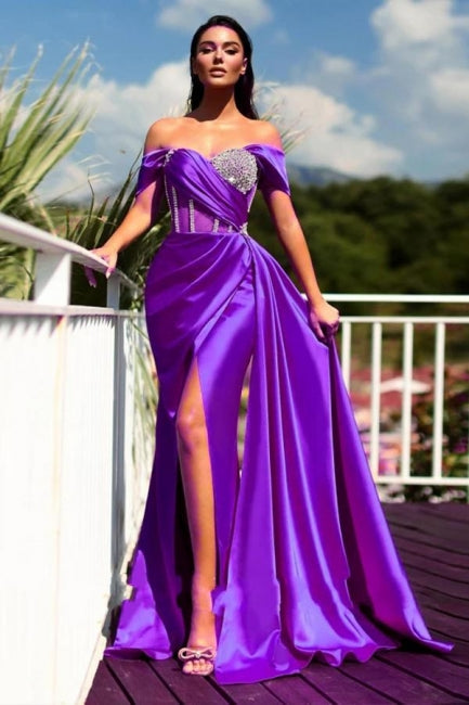 Gorgeous Long Mermaid Off-the-shoulder Sleeveless Split Evening Dresses With Glitter-misshow.com