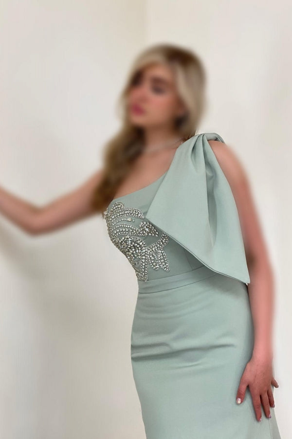 Gorgeous Long Mermaid One Shoulder Satin Rhinestones Sleeveless Prom Evening Dresses