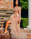 Gorgeous Long Mermaid Pink One Shoulder Long Sleeve Prom Dress With Slit-misshow.com
