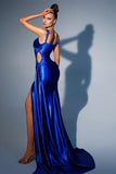 Gorgeous Long Mermaid Royal Blue One Shoulder Sequined Prom Dress With Slit-misshow.com