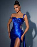 Gorgeous Long Mermaid Royal Blue One Shoulder Sequined Prom Dress With Slit-misshow.com