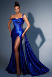 Gorgeous Long Mermaid Royal Blue One Shoulder Sequined Prom Dress With Slit