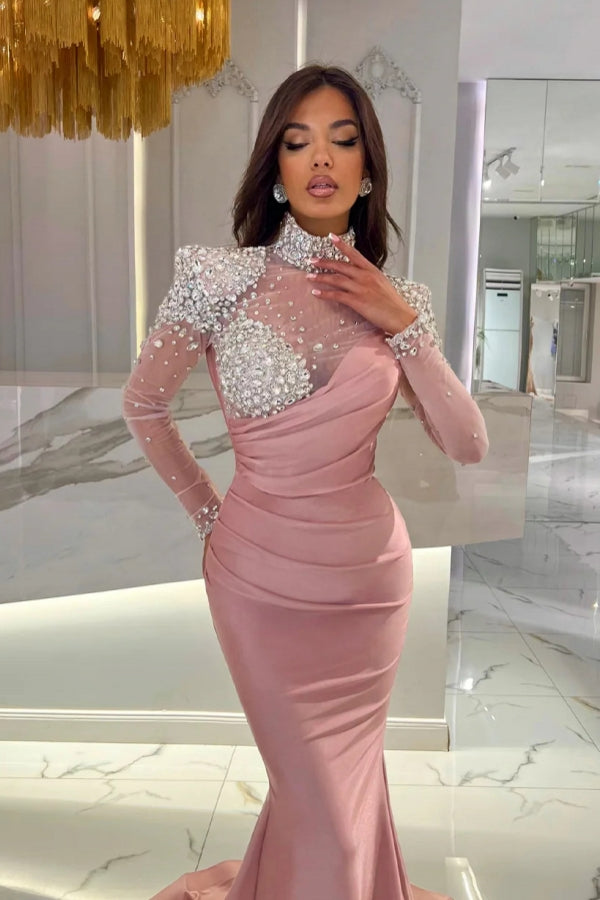 Gorgeous Long Orange Mermaid High Neck Prom Evening Dresses with Long Sleeves