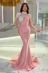 Gorgeous Long Orange Mermaid High Neck Prom Evening Dresses with Long Sleeves