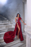 Gorgeous Long Red A-line Glitter One-Shoulder Sleeveless Prom Dress With Slit