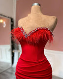 Gorgeous Long Red Column Sweetheart Jewels Prom Dress With Feathers