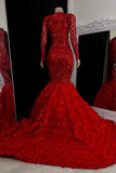 Gorgeous Long Red Mermaid V-neck Lace Prom Dress With Long Sleeves-misshow.com