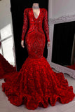 Gorgeous Long Red Mermaid V-neck Lace Prom Dress With Long Sleeves