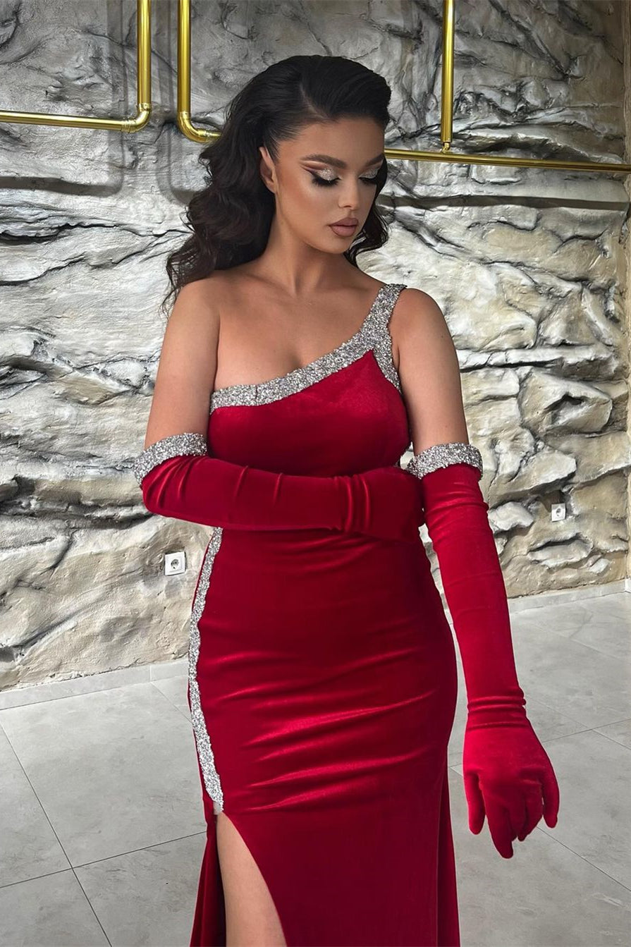 Gorgeous Long Red One Shoulder Sequined Sleeveless Prom Dress With Slit-misshow.com