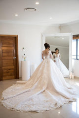 Gorgeous Long Sleeves Soft Floral Lace Bridal Gown V-Neck Wedding Dress-misshow.com