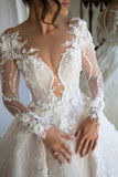 Gorgeous Long Sleeves Soft Floral Lace Bridal Gown V-Neck Wedding Dress-misshow.com