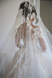 Gorgeous Long Sleeves Soft Floral Lace Bridal Gown V-Neck Wedding Dress-misshow.com