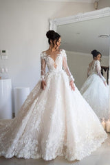 Gorgeous Long Sleeves Soft Floral Lace Bridal Gown V-Neck Wedding Dress-misshow.com