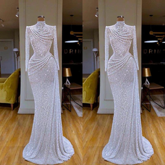 Gorgeous Long White Mermaid High Neck Sequined Prom Dress With Long Sleeves-misshow.com