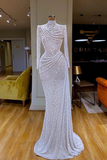 Gorgeous Long White Mermaid High Neck Sequined Prom Dress With Long Sleeves-misshow.com