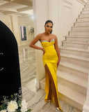 Gorgeous Long Yellow Strapless Mermaid Jewels Floor-Length Prom Dress With Slit