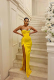 Gorgeous Long Yellow Strapless Mermaid Jewels Floor-Length Prom Dress With Slit