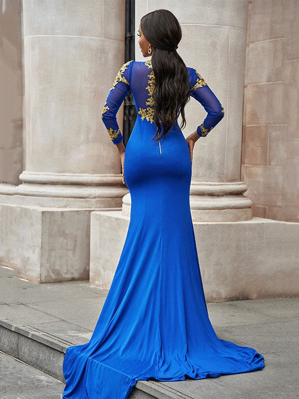 Gorgeous Mermaid Applique Long Sleeves Jersey High Neck Prom Dresses