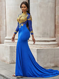Gorgeous Mermaid Applique Long Sleeves Jersey High Neck Prom Dresses