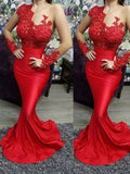 Gorgeous Mermaid Applique Scoop Satin Long Sleeves Prom Dresses