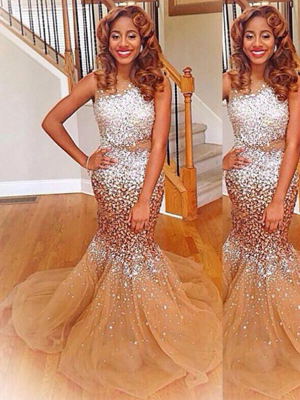 Gorgeous Mermaid Bateau Sleeveless Sequin Tulle Prom Evening Dresses