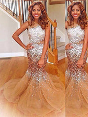 Gorgeous Mermaid Bateau Sleeveless Sequin Tulle Prom Evening Dresses