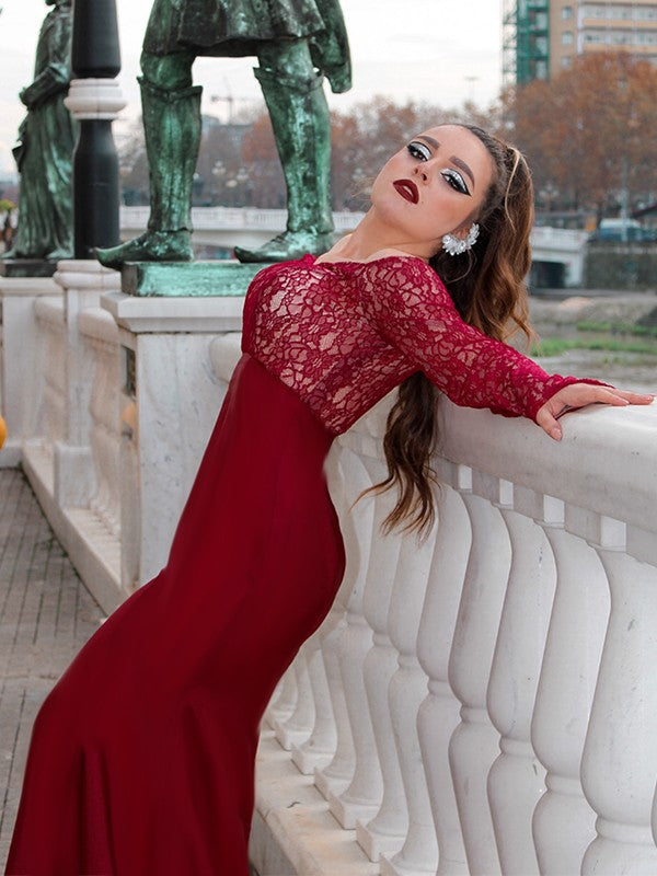 Gorgeous Mermaid Elastic Woven Satin Applique Off-the-Shoulder Long Sleeves Prom Dresses