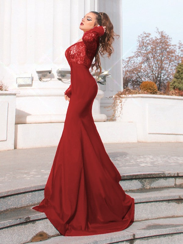 Gorgeous Mermaid Elastic Woven Satin Applique Off-the-Shoulder Long Sleeves Prom Dresses