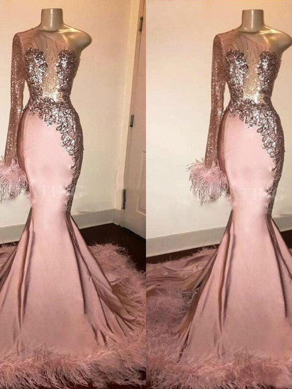 Gorgeous Mermaid Elastic Woven Satin Feathers/Fur One-Shoulder Long Sleeves Prom Dresses