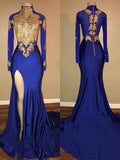 Gorgeous Mermaid High Neck Long Sleeves Applique Spandex Prom Dresses