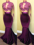 Gorgeous Mermaid High Neck Satin Long Sleeves Applique Prom Dresses