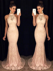 Gorgeous Mermaid High Neck Sleeveless Ruffles Lace Prom Dresses