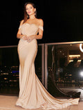 Gorgeous Mermaid Jersey Ruched Sleeveless Off-the-Shoulder Prom Dresses