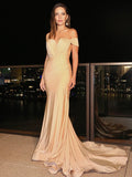Gorgeous Mermaid Jersey Ruched Sleeveless Off-the-Shoulder Prom Dresses