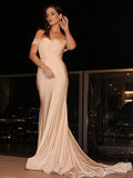 Gorgeous Mermaid Jersey Ruched Sleeveless Off-the-Shoulder Prom Dresses