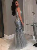 Gorgeous Mermaid Jewel Sleeveless Floor-Length Sequin Tulle Prom Dresses